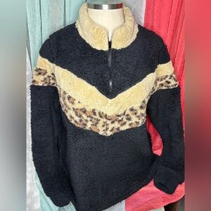 BKE Black and Cream Teddy Jacket with Leopard Accent